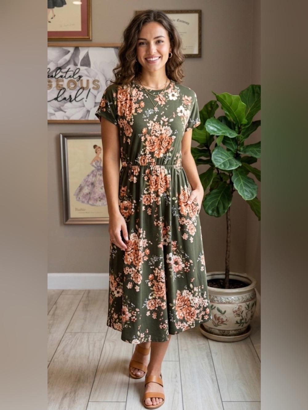 Boutique Reborn J Olive Green Midi Dress with Peach Floral Print